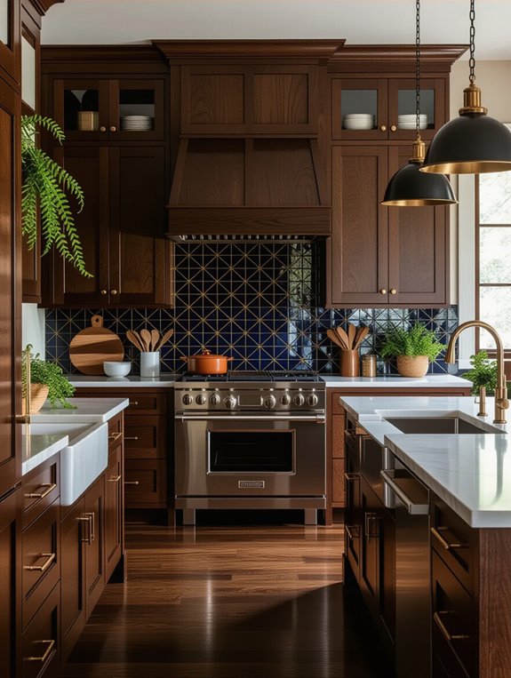 bold backsplash enhances oak cabinets