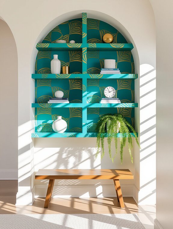 bold patterned entryway shelves