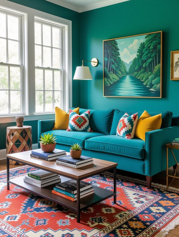 bold teal eclectic living room