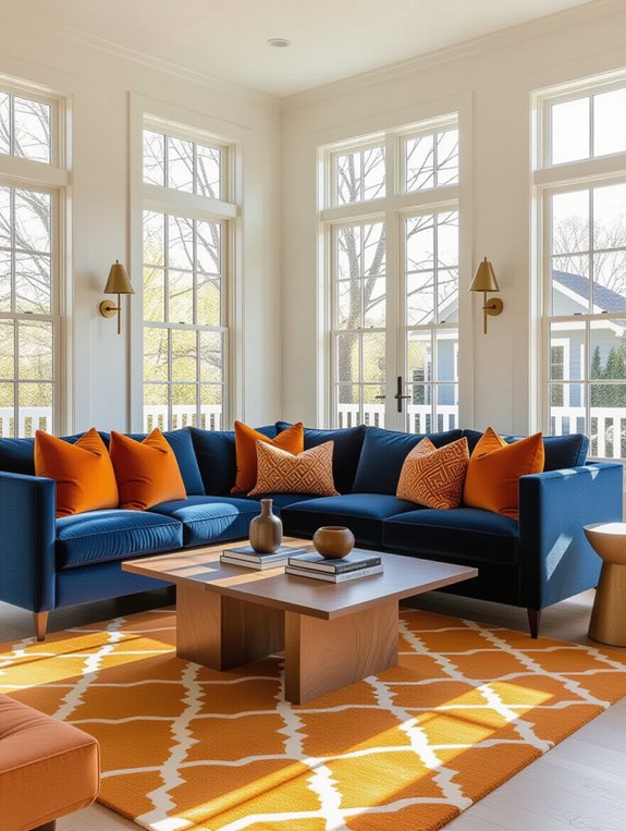 cobalt couch vibrant orange accents