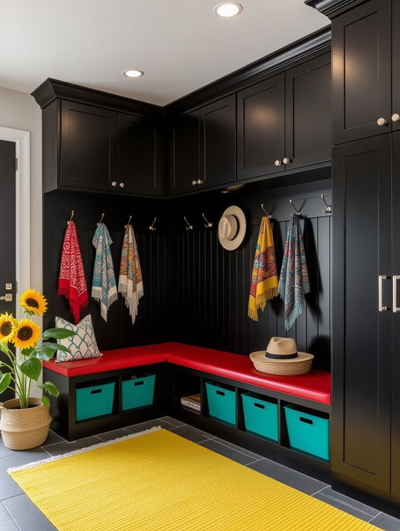 colorful accents brighten black cabinets