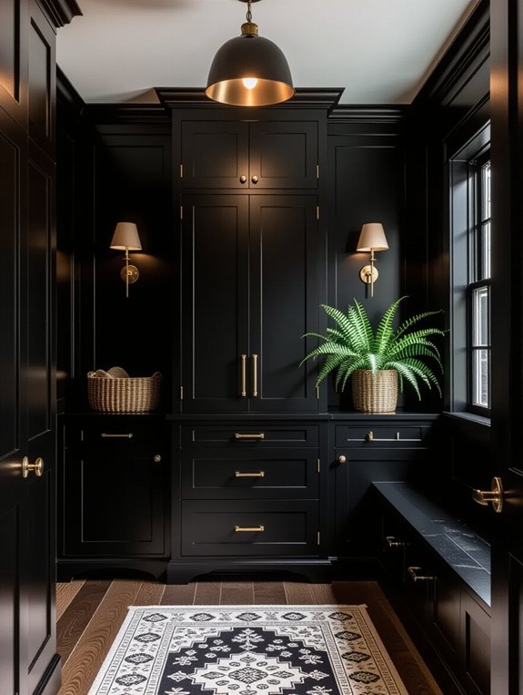 dramatic lighting enhances mudroom