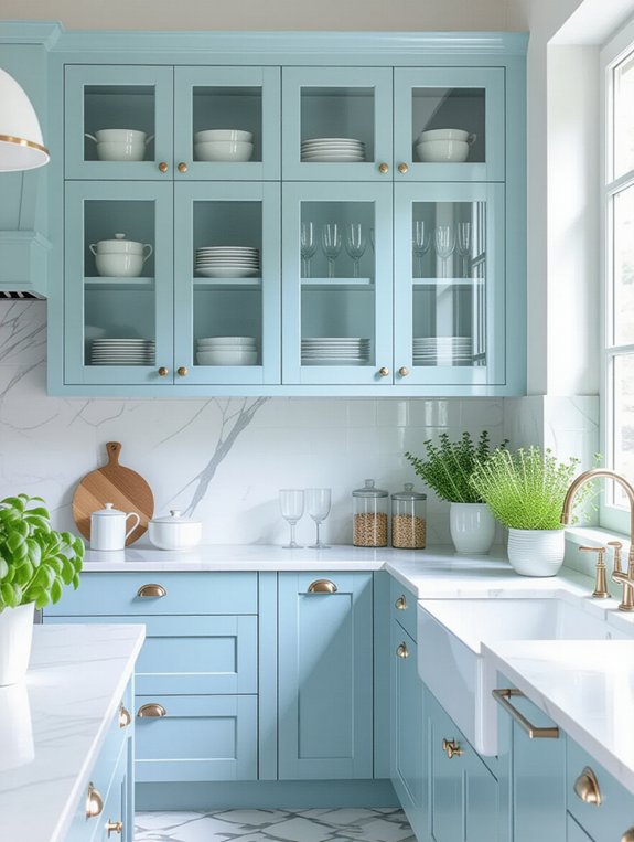 glass front light blue cabinets