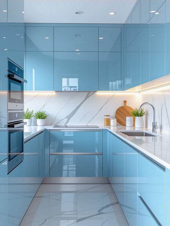 glossy light blue cabinets