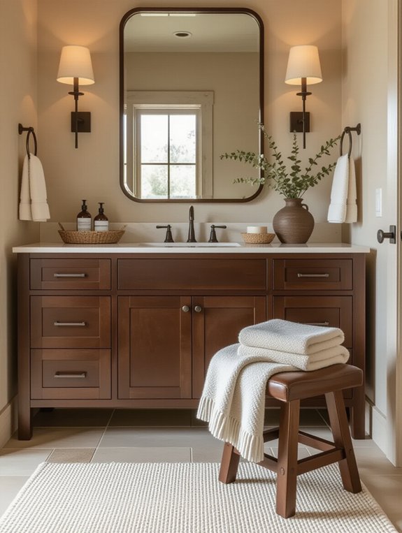 leather accents enhance bathrooms