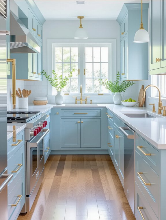 light blue galley kitchen