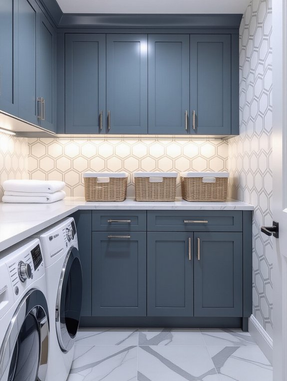 modern blue gray laundry cabinets