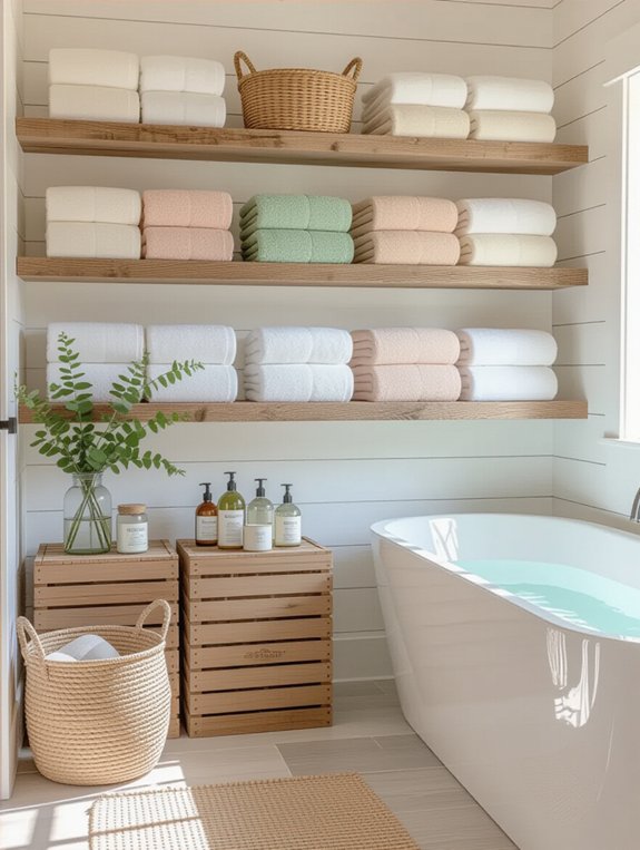 natural wood open shelving