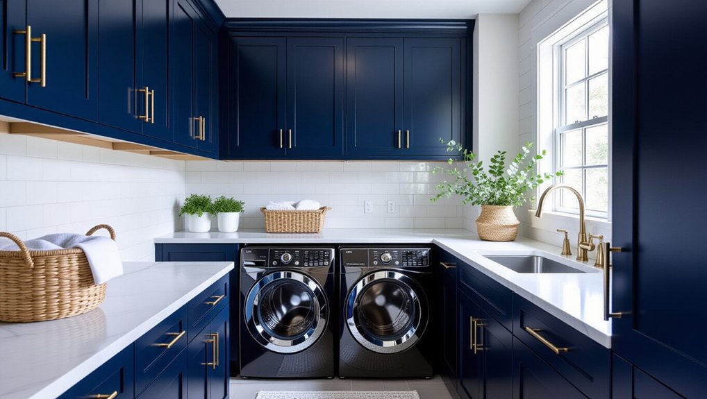 navy blue laundry cabinets