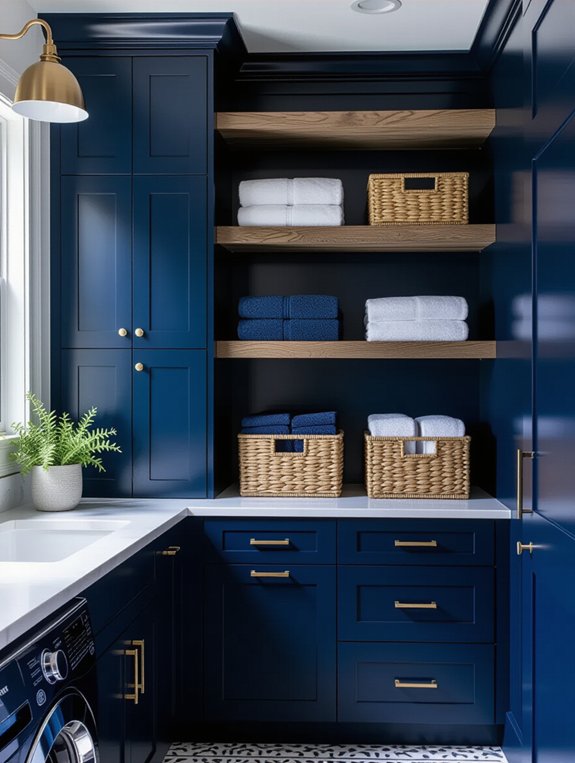 navy cabinets open shelving