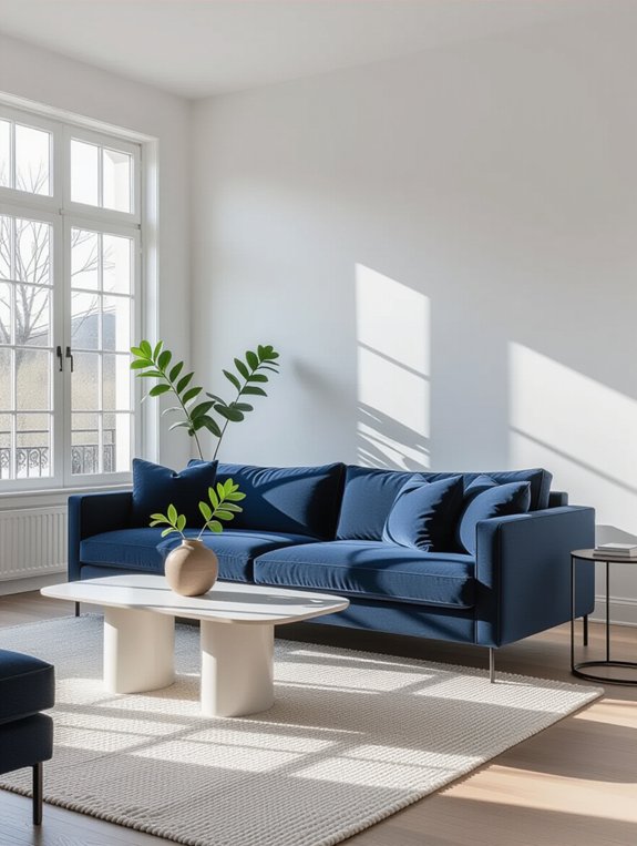 navy couch minimal decor