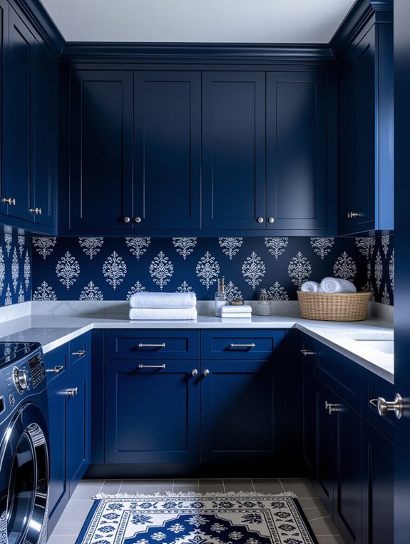 navy wallpaper enhances laundry room