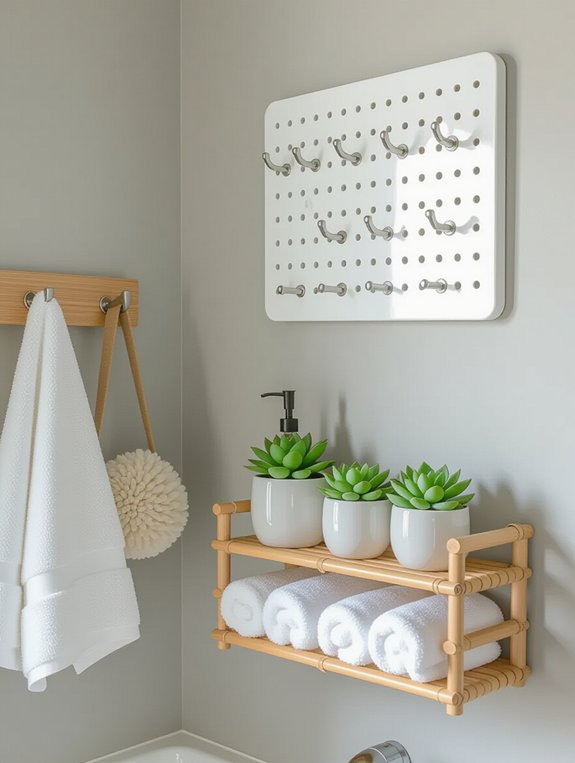 organized bathroom with hooks