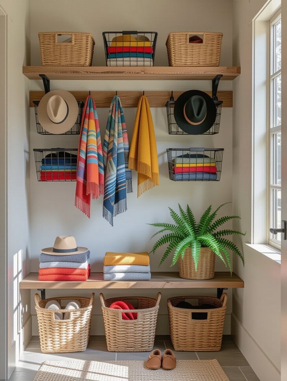 organized mudroom with baskets