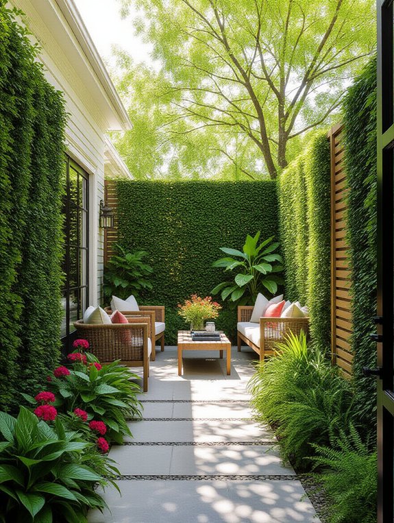 privacy through greenery and fencing