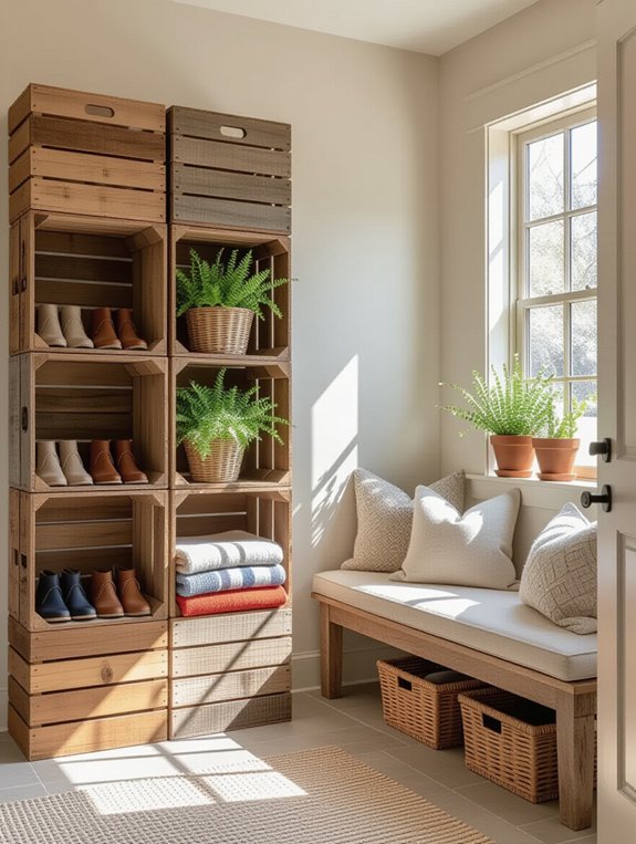 repurposed crates for mudroom