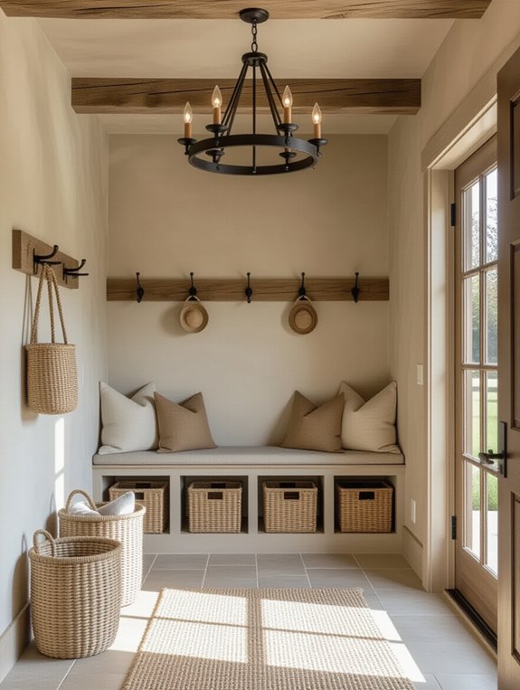 rustic chandelier enhances mudroom