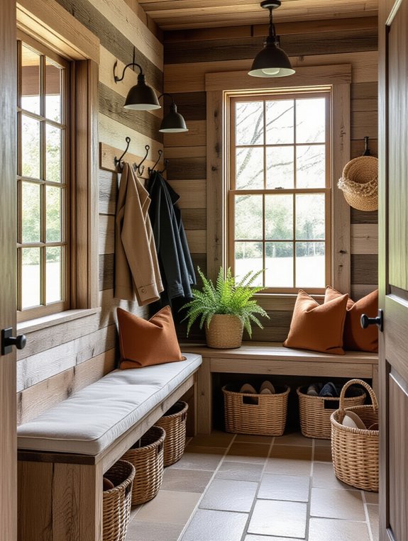 rustic wooden mudroom accents