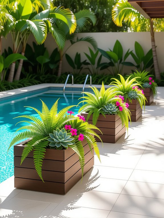 stylish planter boxes enhance poolside