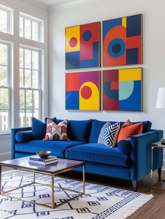 vibrant blue couch focal point
