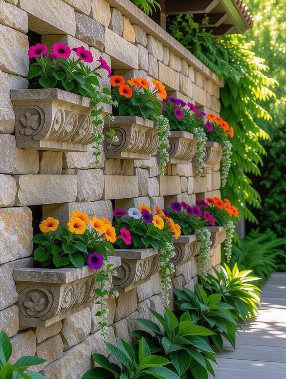 vibrant stone wall planters