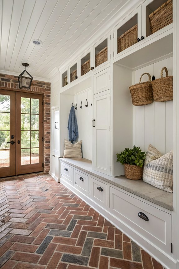brick accents elevate mudroom