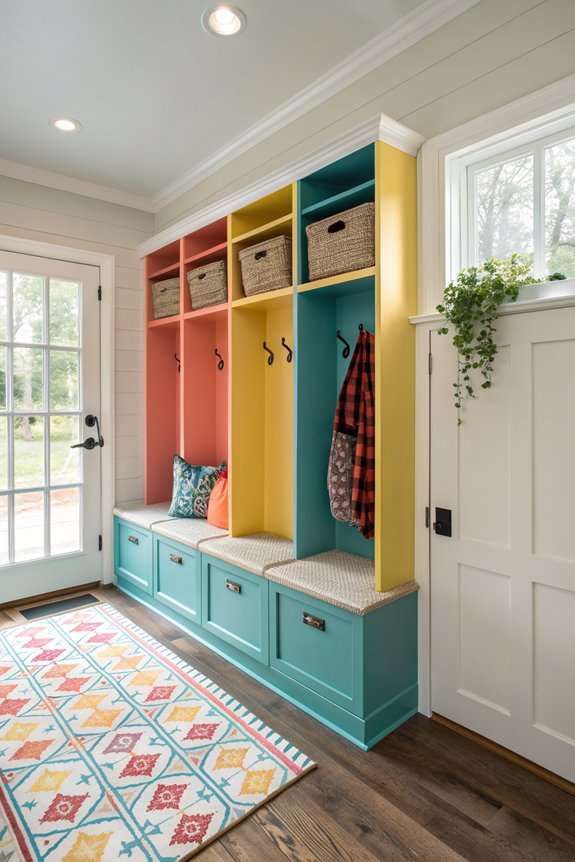 colorful functional mudroom organization