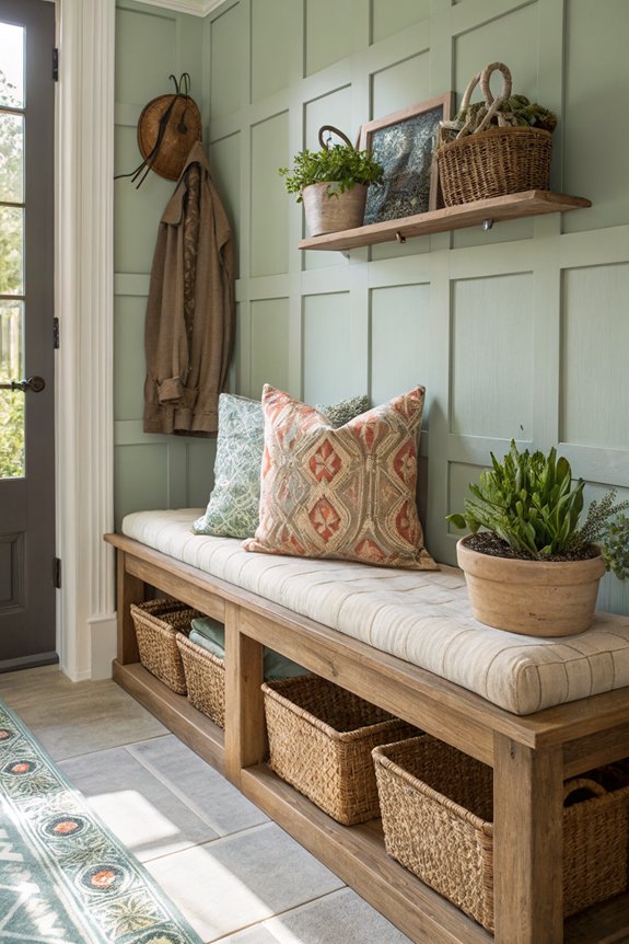 coordinated cushion enhances mudroom