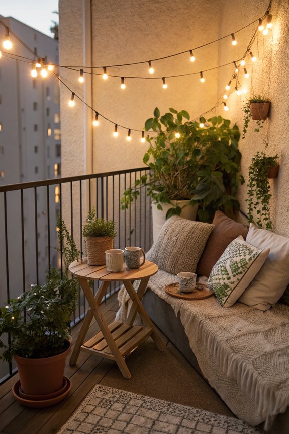 cozy balcony string lights