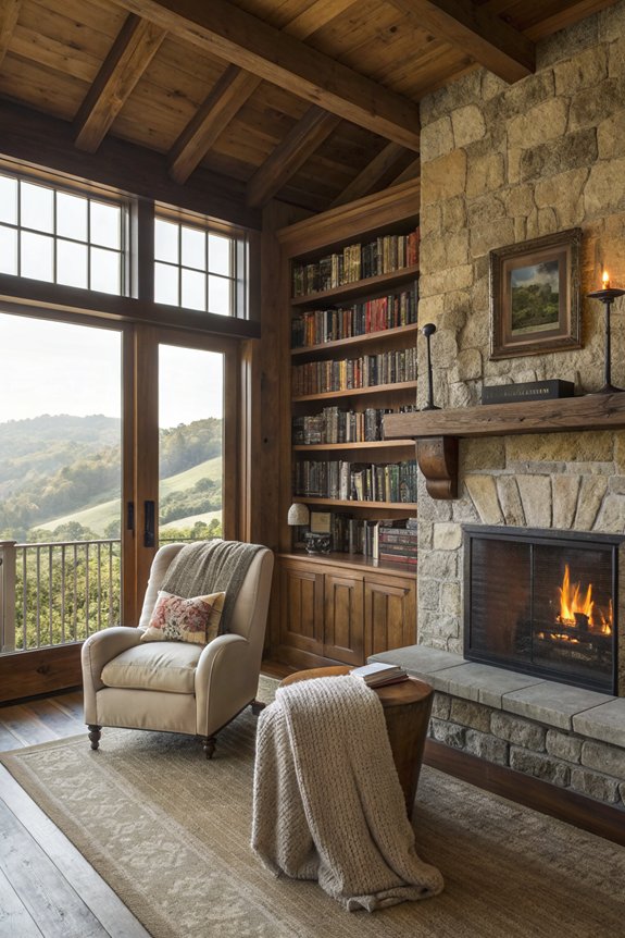 cozy farmhouse library fireplace
