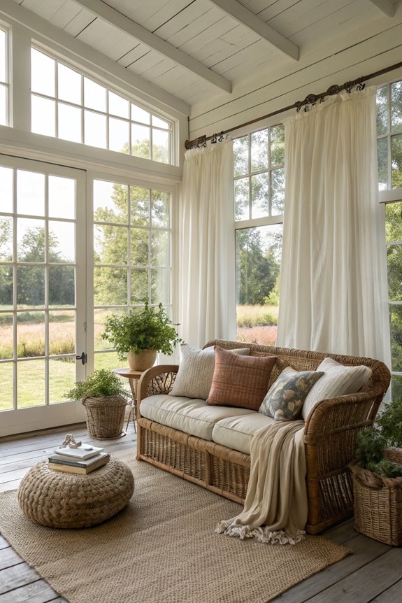cozy farmhouse sunroom textiles