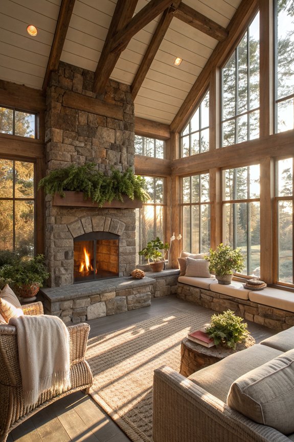 cozy year round sunroom fireplace