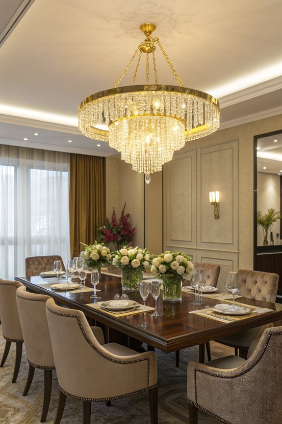 gold chandelier enhances dining