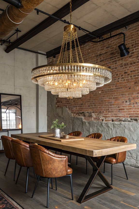 gold chandeliers industrial contrast