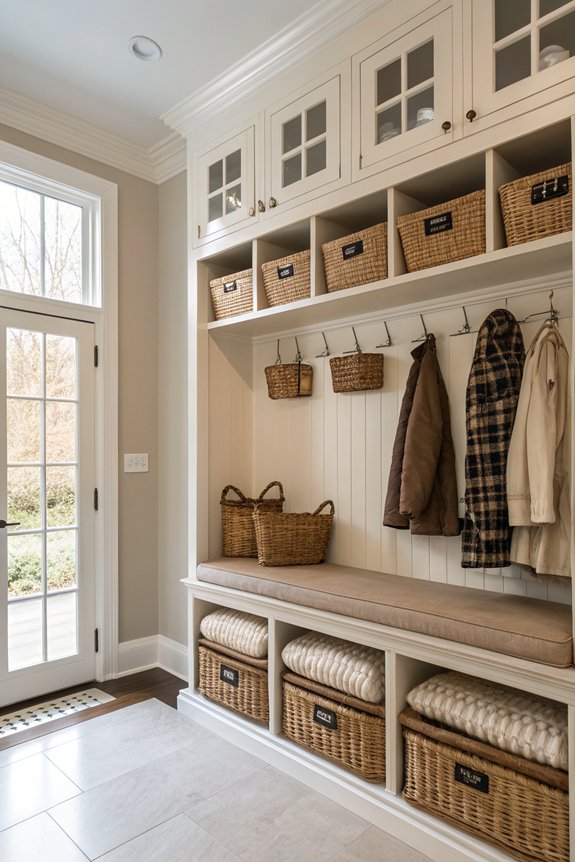 organize mudroom with baskets
