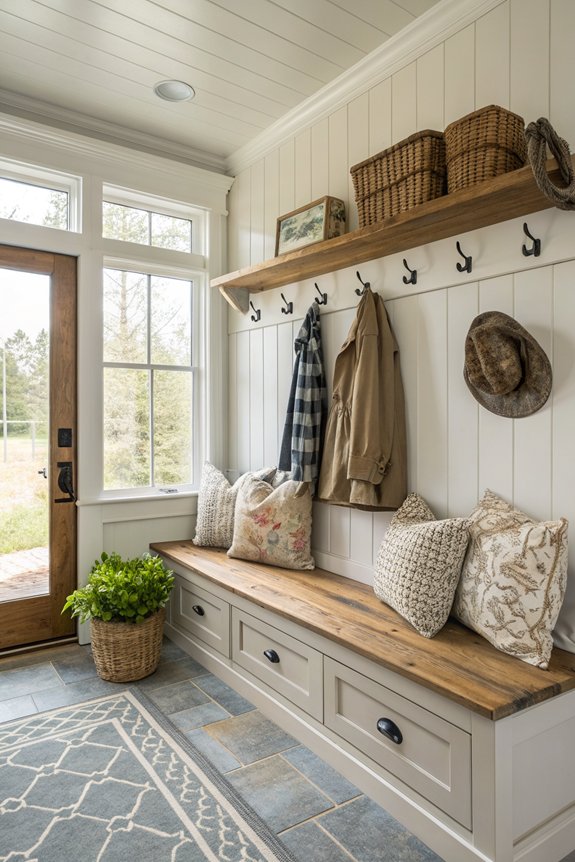 organized farmhouse mudroom drop zone