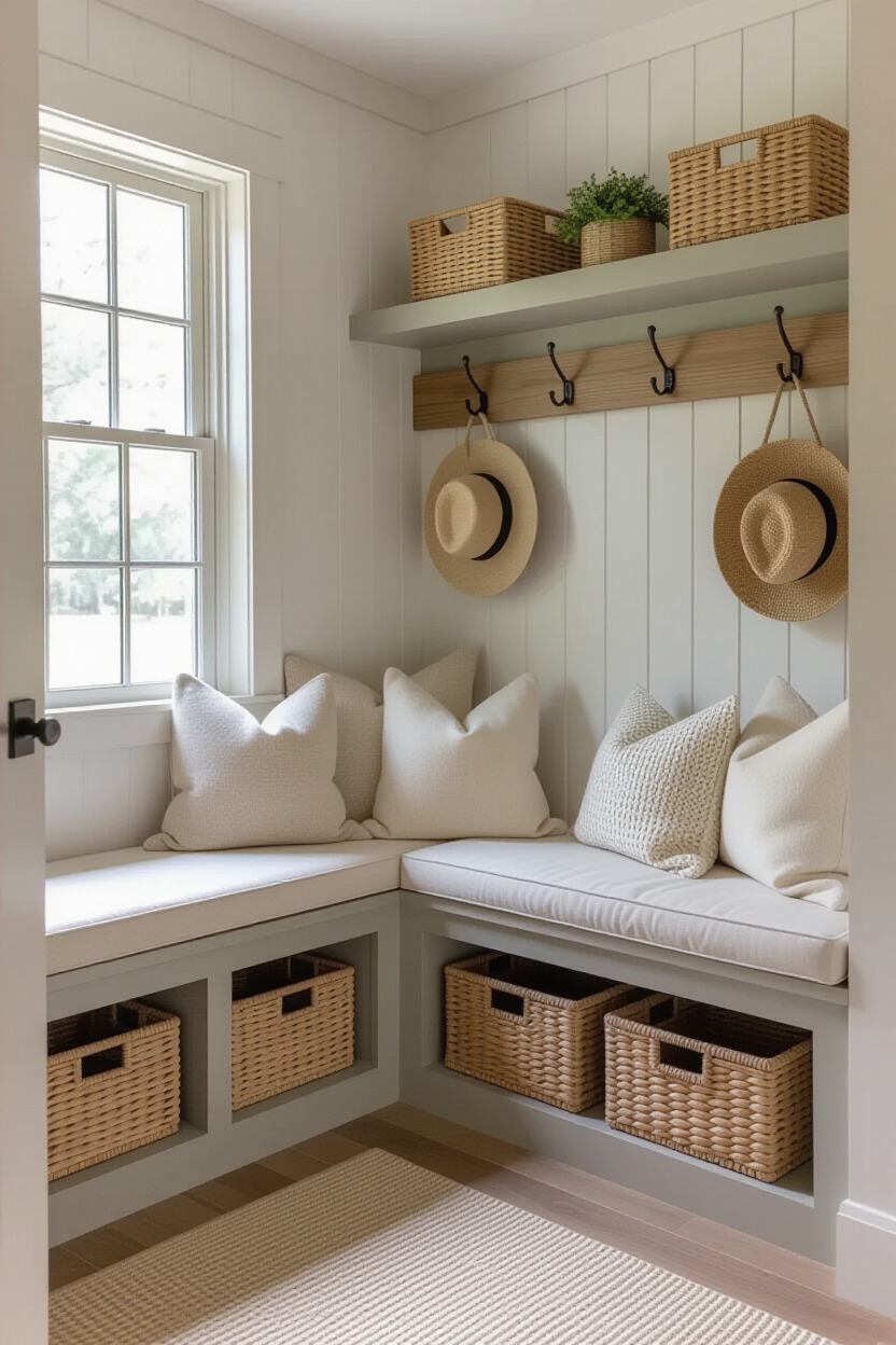 Mudroom corner bench with cushions