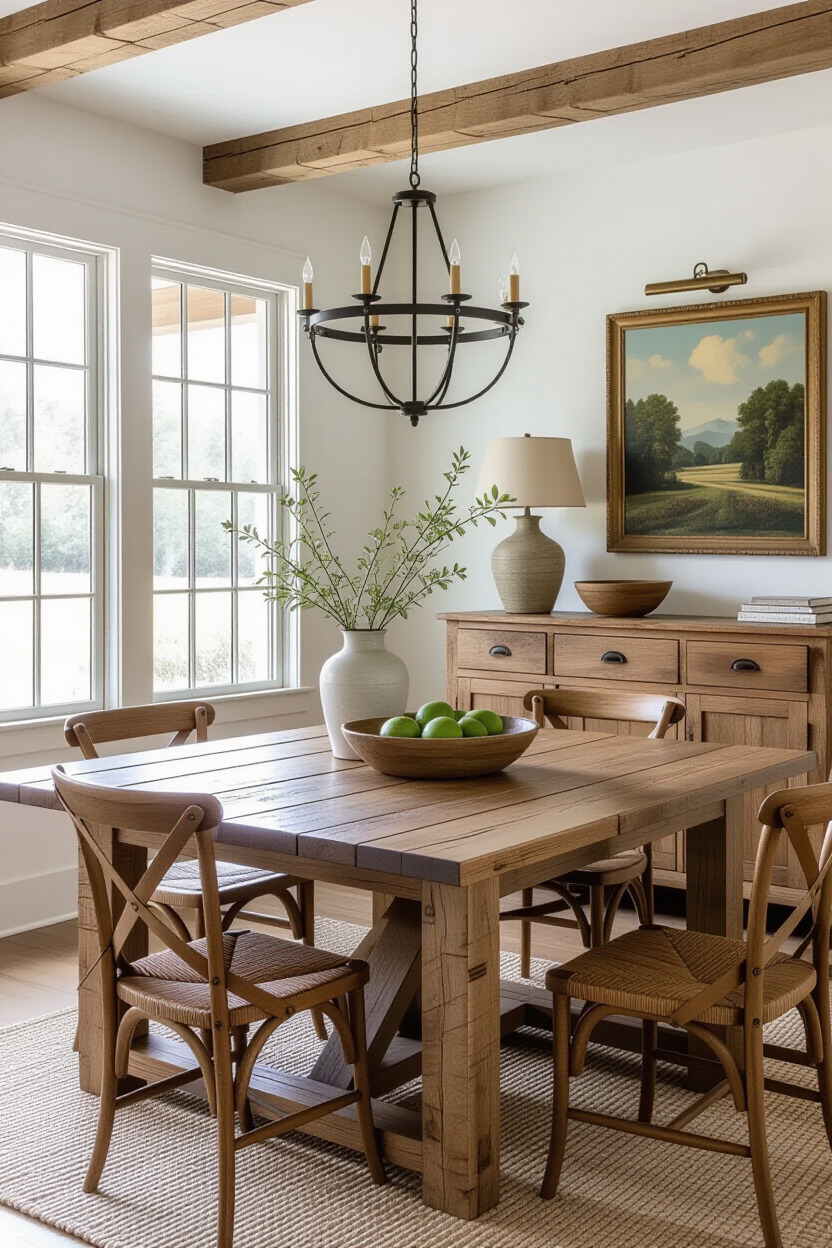 Rustic dining room with reclaimed wood table.