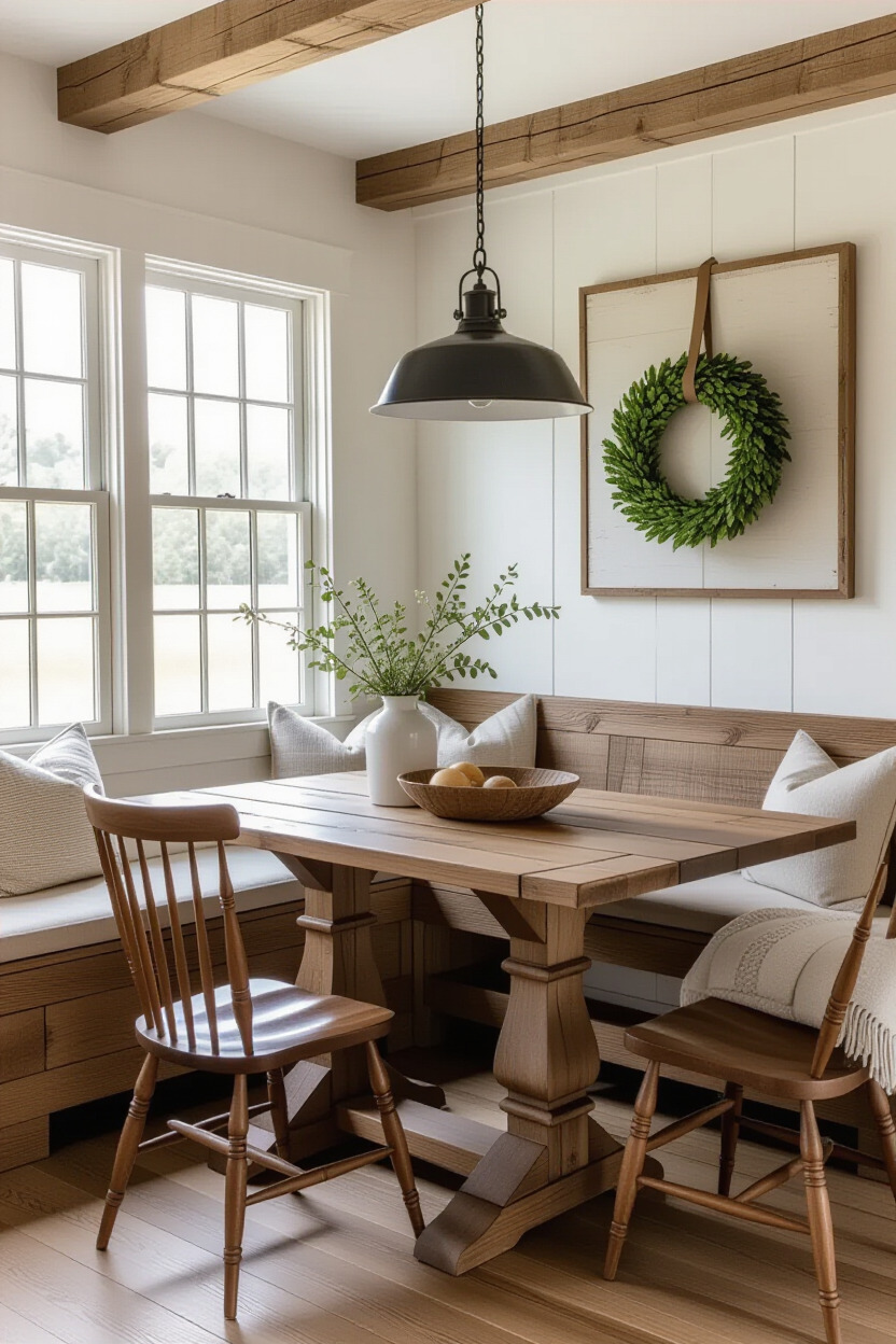 Rustic farmhouse breakfast nook with wooden table