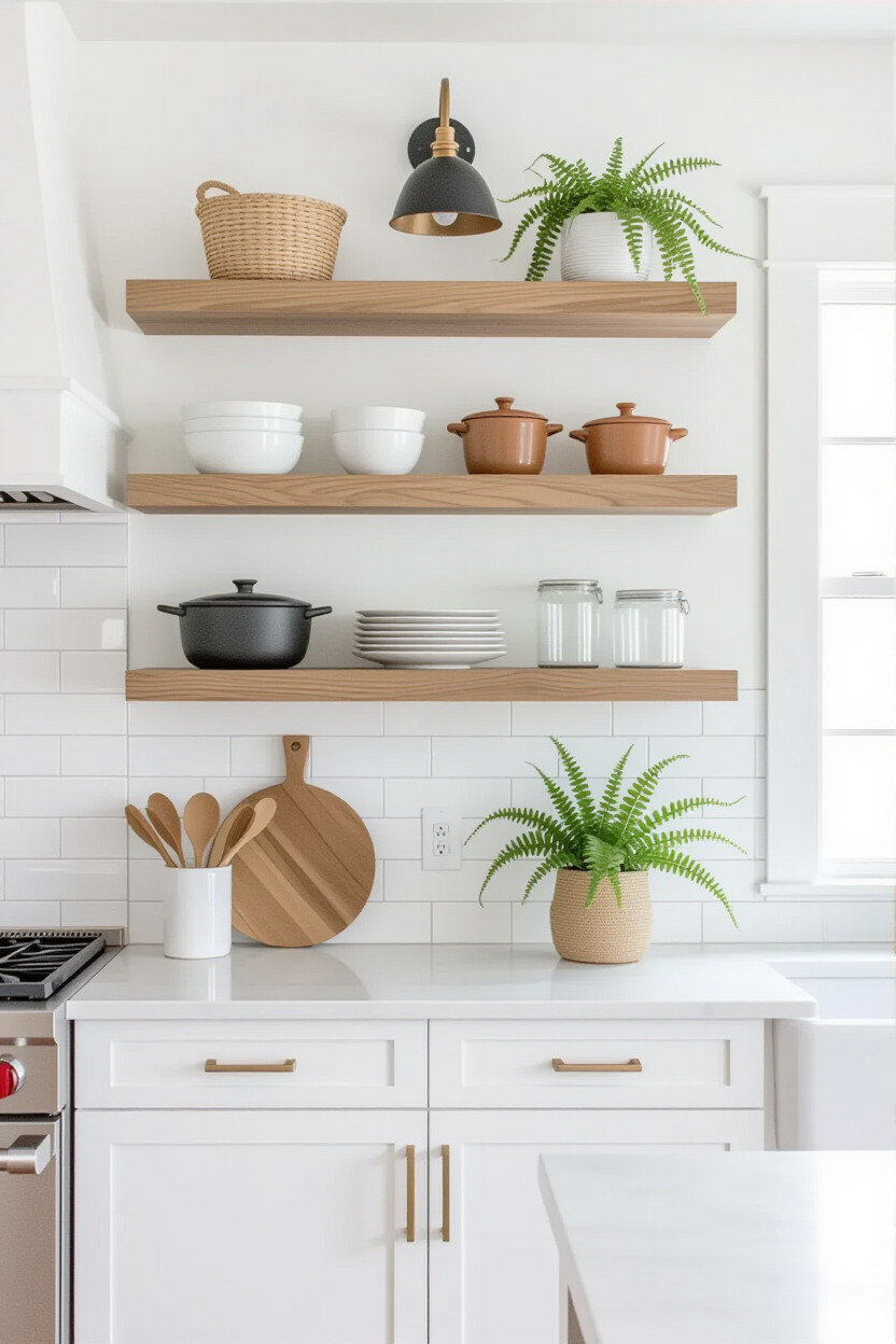 Modern kitchen with open shelving and decorative items