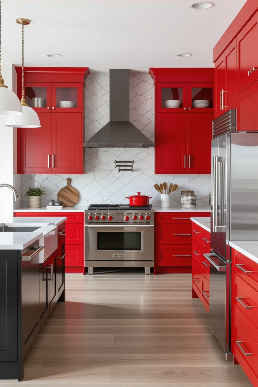 Kitchen with bold color accents on cabinetry and decor