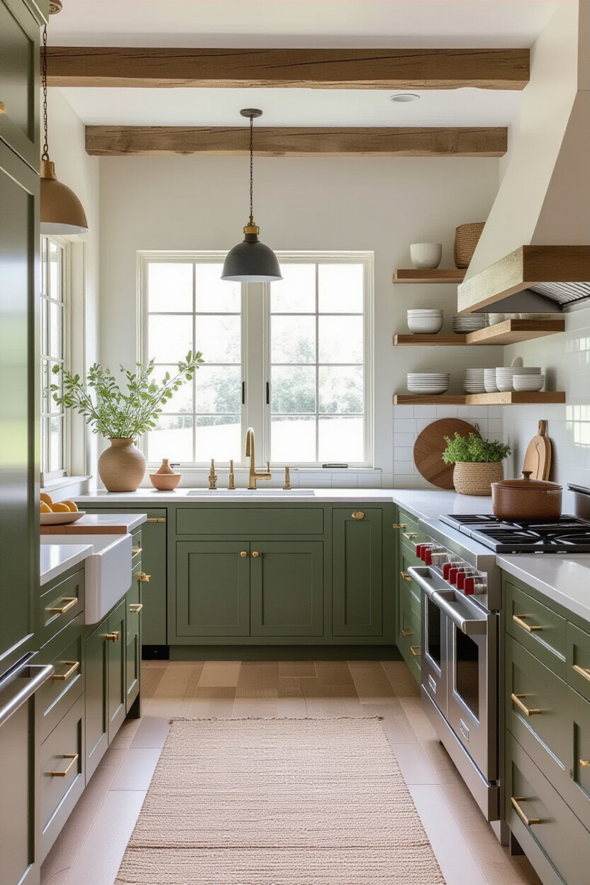Kitchen with earthy color palette of greens and browns