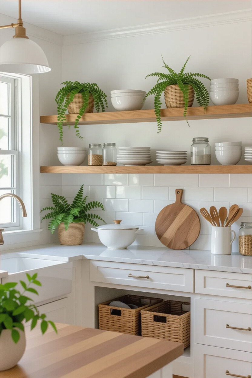 Open shelving displaying plants and stylish kitchenware