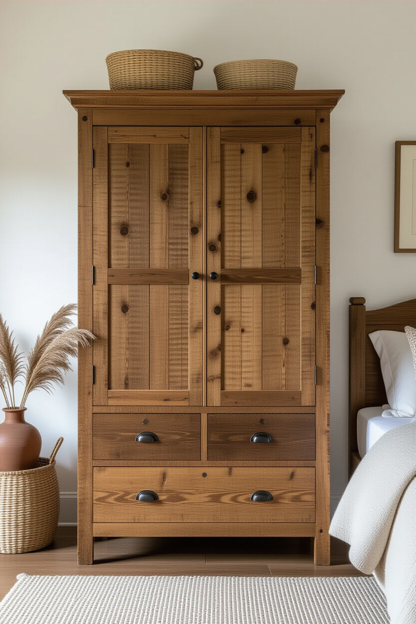 Rustic wooden almirah in a cozy bedroom