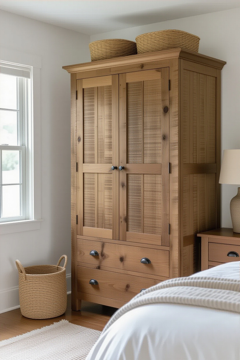 Rustic wooden wardrobe in a cozy bedroom