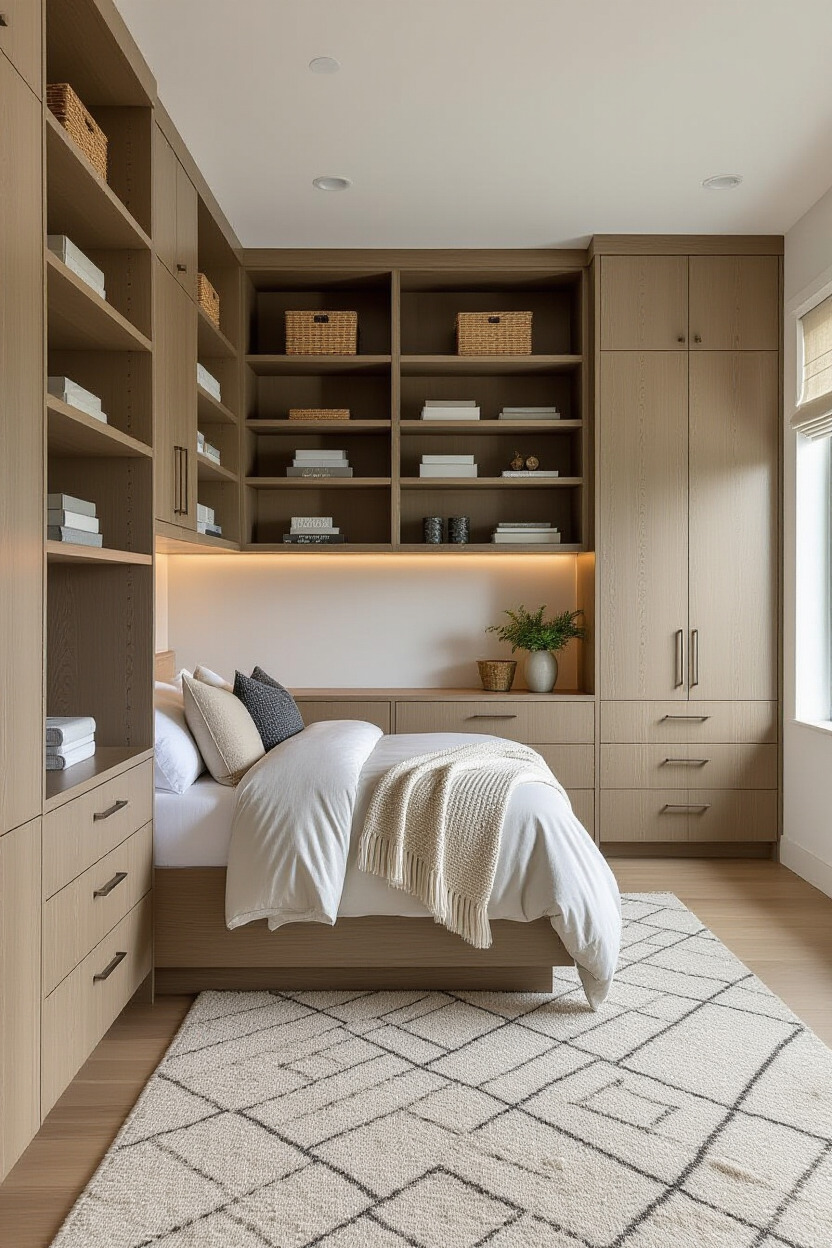 Loft bedroom with vertical storage solutions