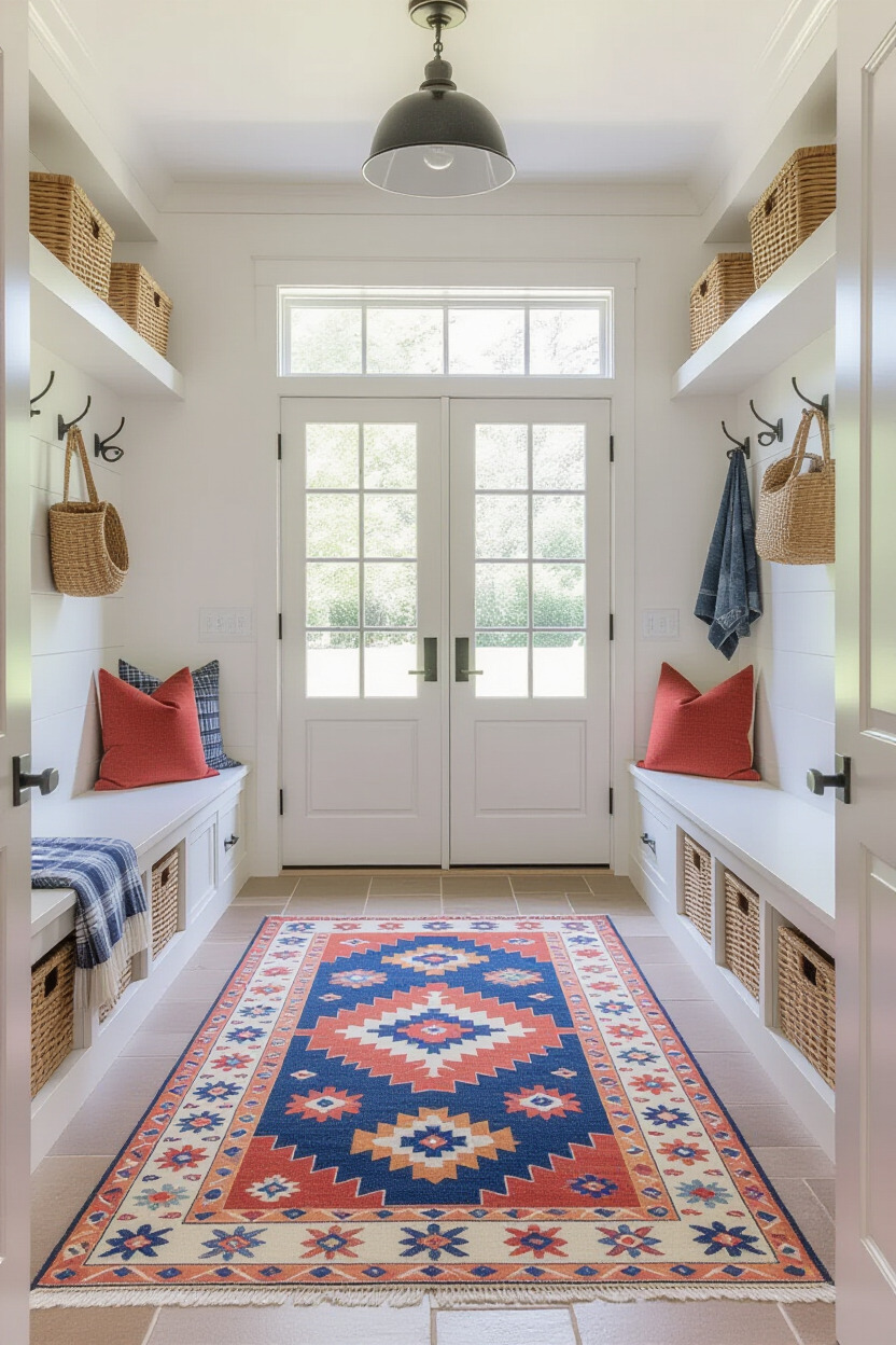 Vibrant area rug in mudroom