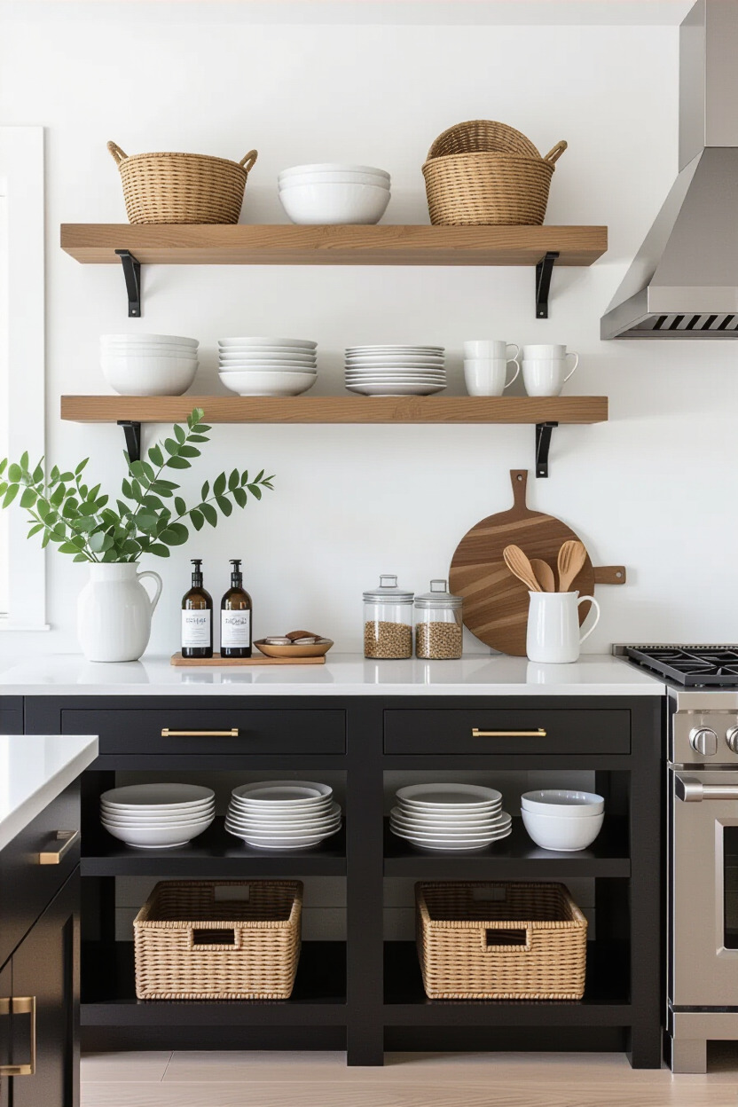 Kitchen with open shelving displaying stylish dishware