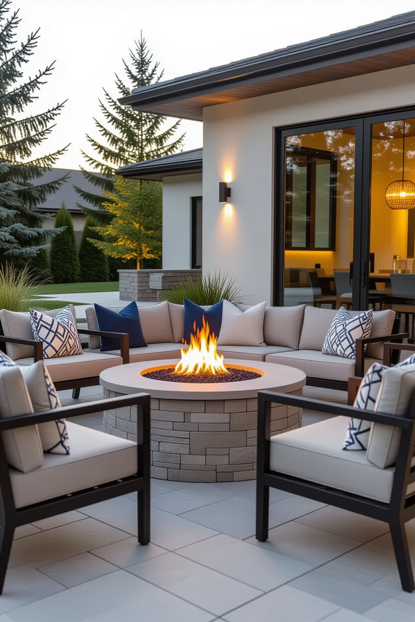 Modern fire pit surrounded by seating