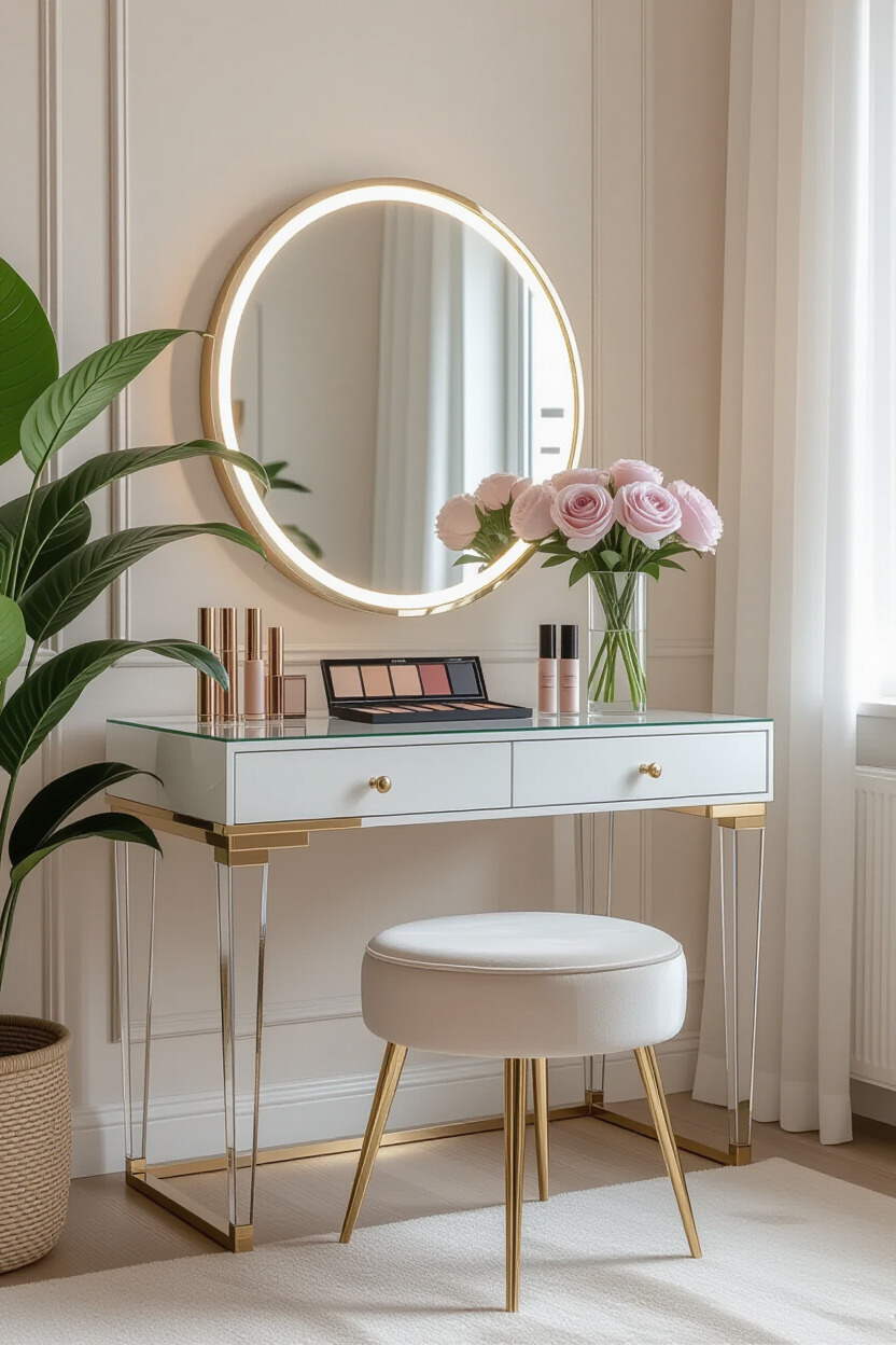 Makeup dressing table with glass accents and mirror